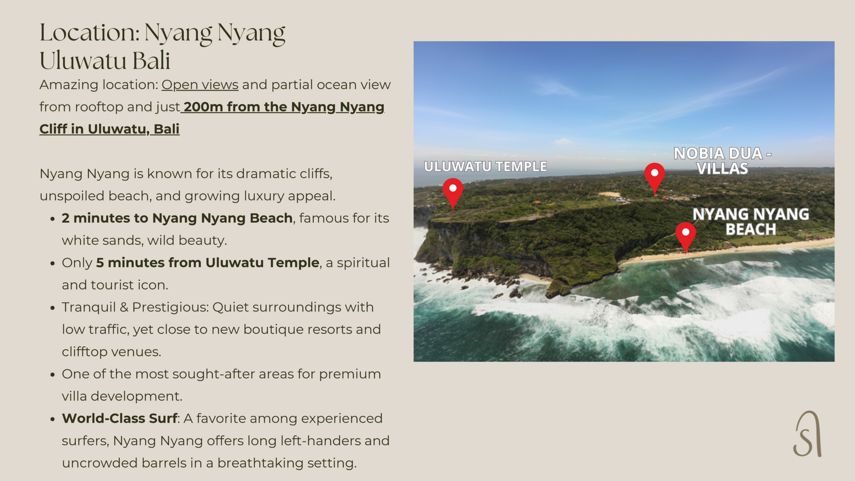 Luchtfoto van de Nyang Nyang cliff met pins voor Uluwatu Temple, Nobia DUA en Nyang Nyang Beach