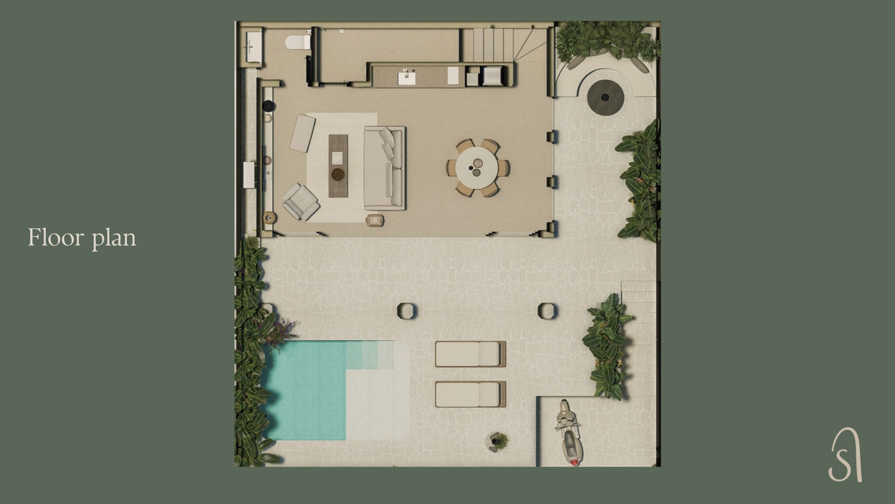 Plattegrond begane grond Nobia DUA — living, keuken, zwembad en tuin